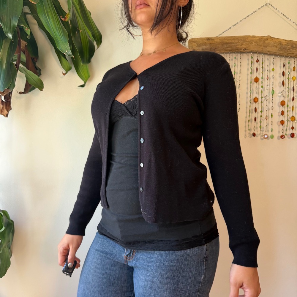 Charter Club Petite Black Cotton Cardigan V-Neck Button Front Sweater P/S